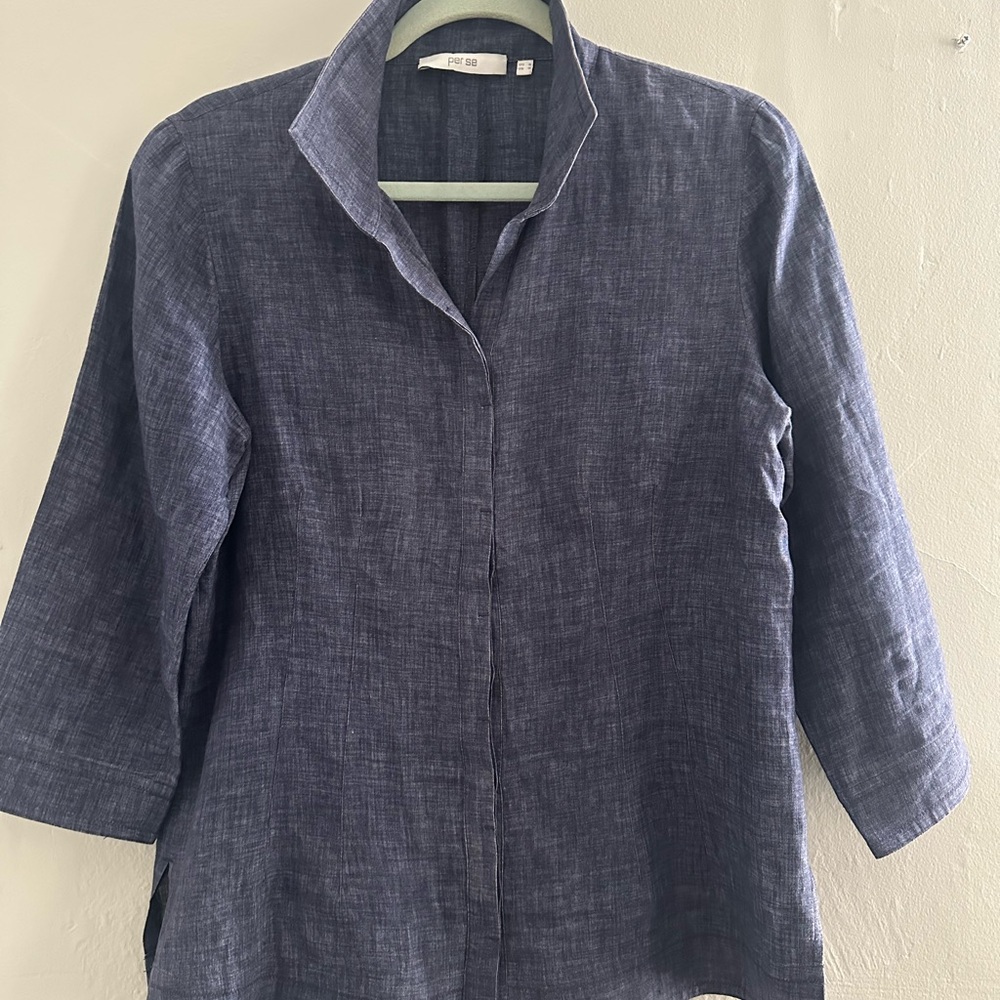 Per Se Navy Linen Stand-Collar Jacket